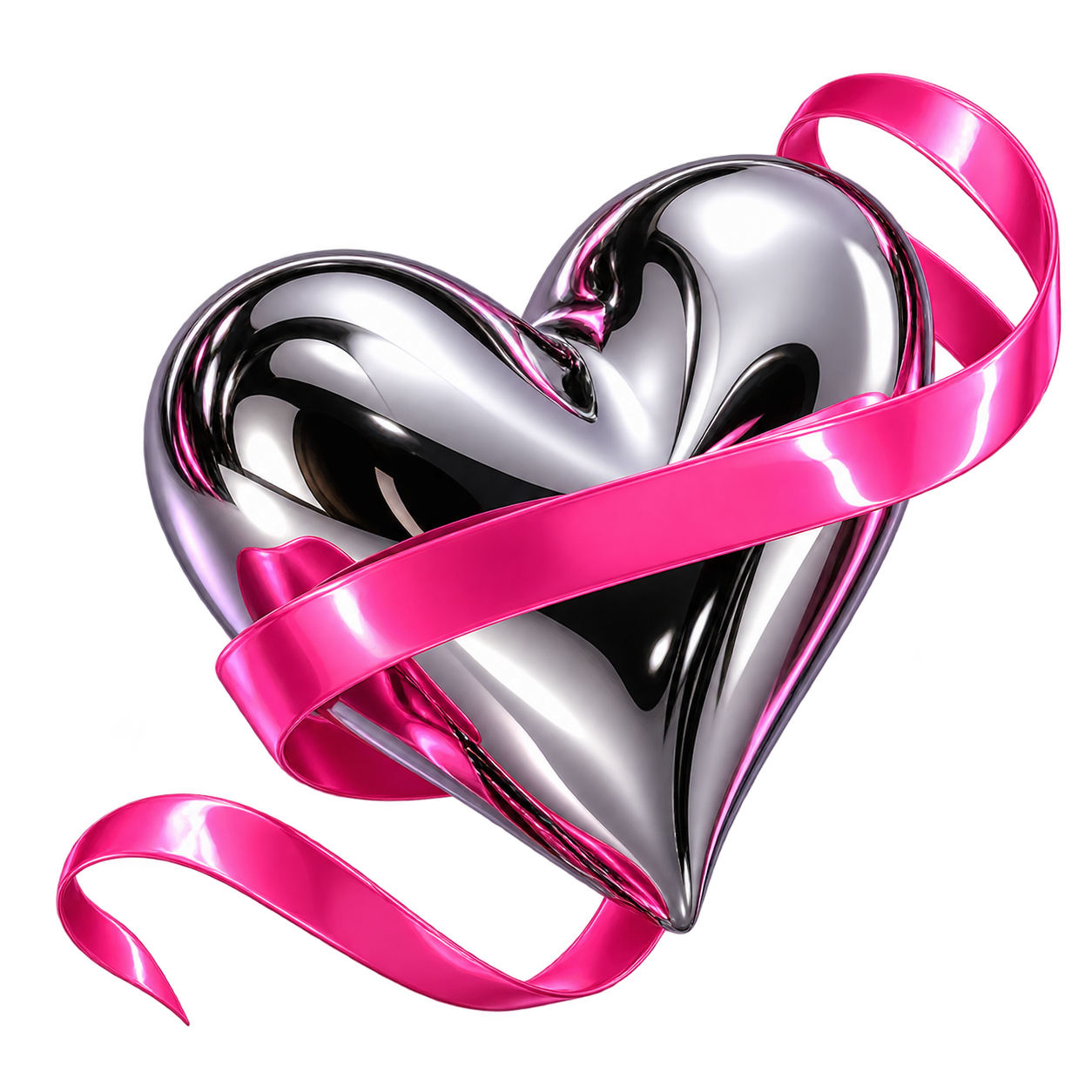 A chrome heart wrapped in a glossy pink ribbon.